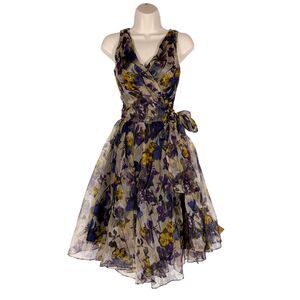 Nelli by Janice Jaraicie Silk Floral Wrap Dress Sheer Overlay Tie Y2K Romantic 2